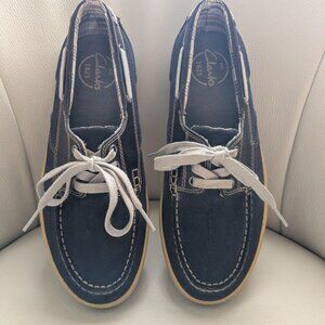Clark's Coastal Cool Preppy Comfortable Blue Suede Loafers Madras Lined Sz.8.5